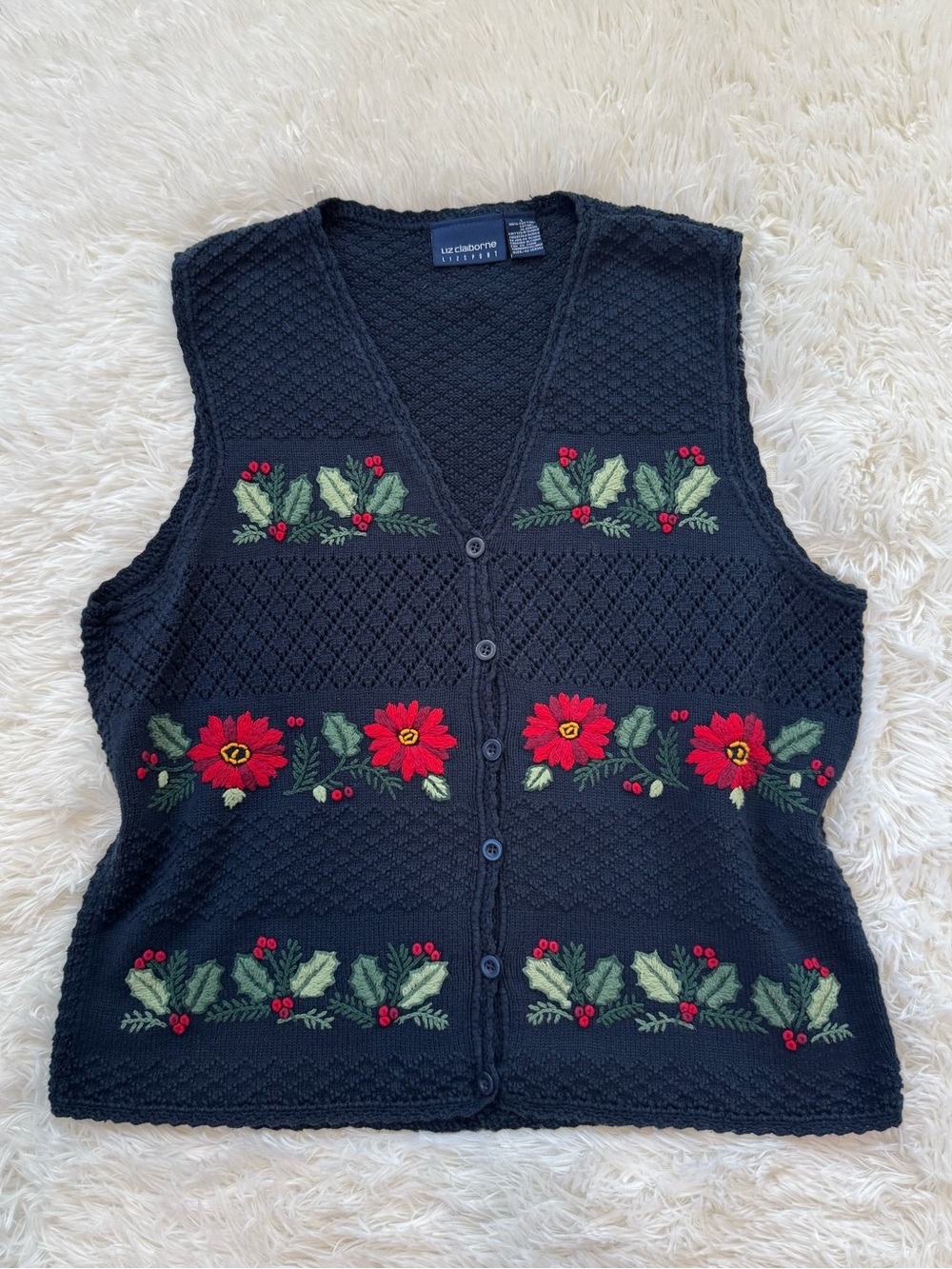 Liz Claiborne 90s holiday navy cotton vest poinsettia embroidered cottage large